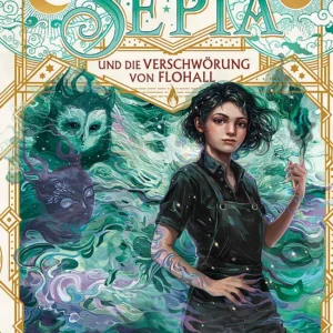 Das Buchcover zeigt eine Mädchen mit lockigem, dunklem Haar und einem schwarzen Outfit, umgeben von mystischen grünen und blauen Nebelschwaden. Im Hintergrund sind fantasiereiche, gesichtähnliche Elemente sichtbar, die eine geheimnisvolle Atmosphäre schaffen.
